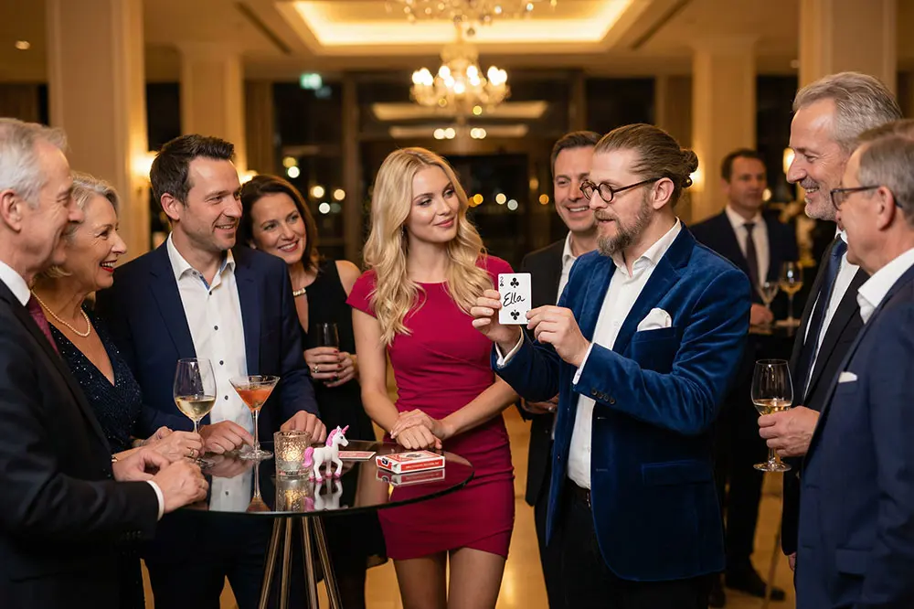 Walking Act Zauberer auf einer Firmenfeier beim Empfang