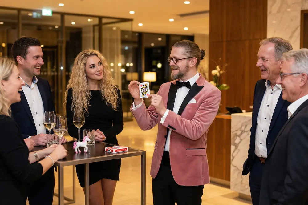 Zauberer in einem Business-Setting zwischen Tischzauberei, Walking Act und kleinem Showmoment
