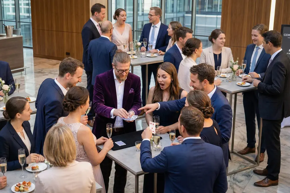 Stilvolle Firmenfeier mit kleinen Gesprächsgruppen und Zauberer in direkter Interaktion