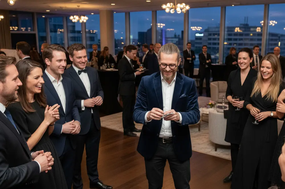 Zauberer auf einem Kundenabend mit Gesprächsgruppen und Close-up Magie
